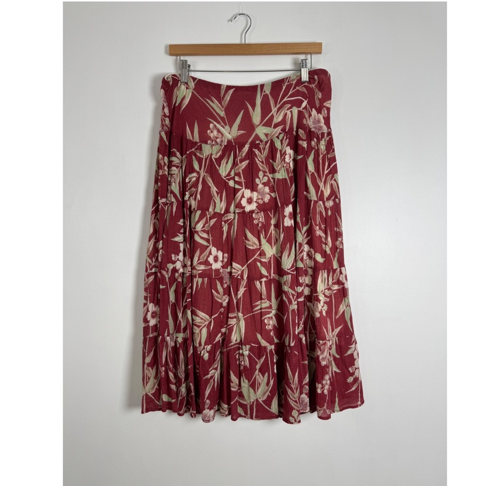 Boho Cottagecore Chaps Womens Large Tiered Midi Skirt Burgundy Floral Cotton